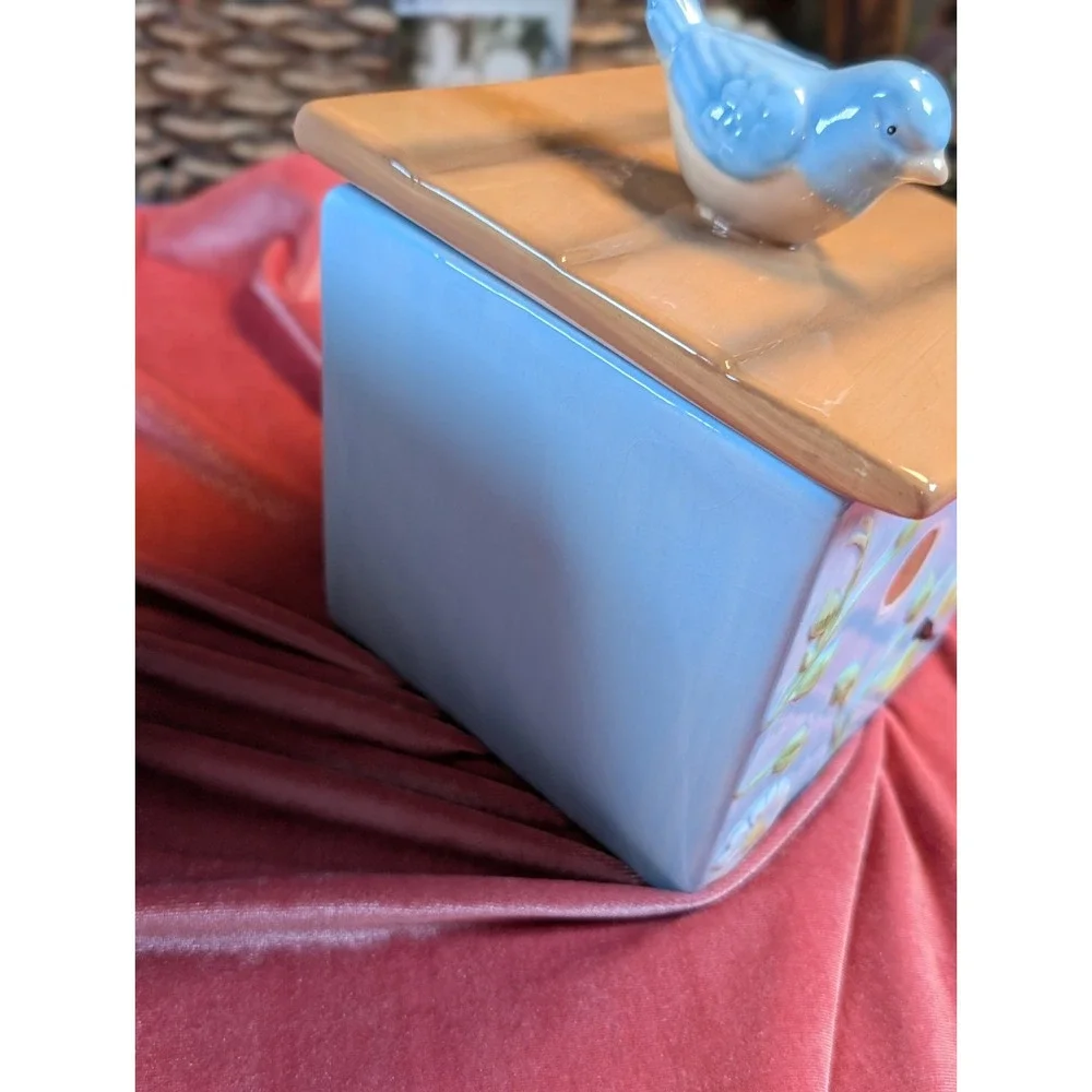 Ceramic Birdhouse Canister Set 3 Piece Bluebird & Floral Nesting Kitchen Jars